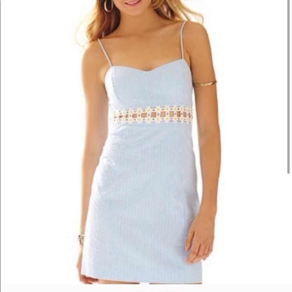 Lilly Pulitzer Sheena Ariel Blue Seersucker Stripe Cut Out Daisy Lace Dress 6